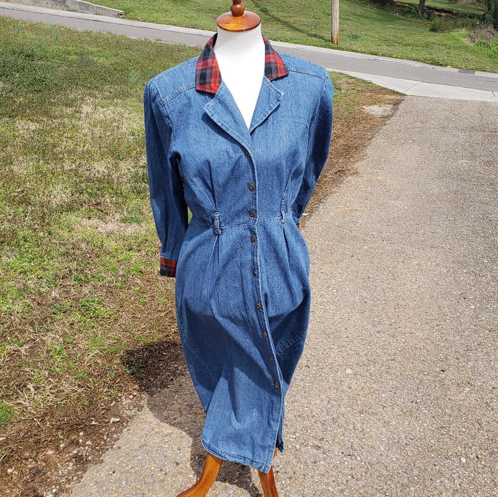 SOLD Vintage Plaid and Blue Jean Long Sleeve Dress - Picture 6 of 9